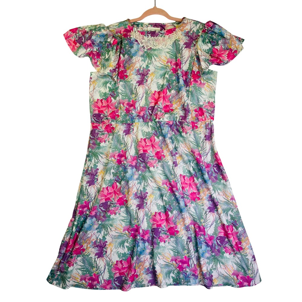 Lynn Davis Vintage Floral Midi Dress Cottagecore Tropical Lace Trim Size 18.5